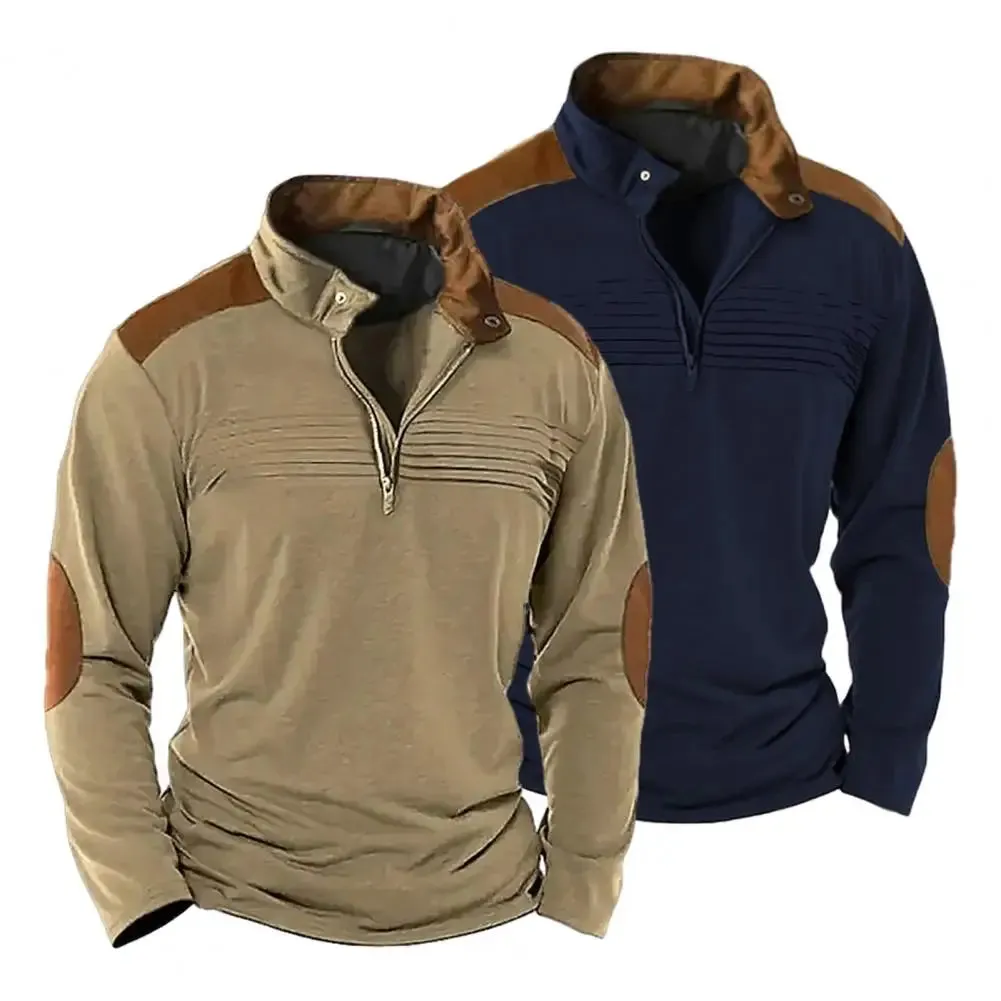 Men's Patchwork Hoodie – Retro Zipper Sweatshirt with Stand Collar, hoodies for Men