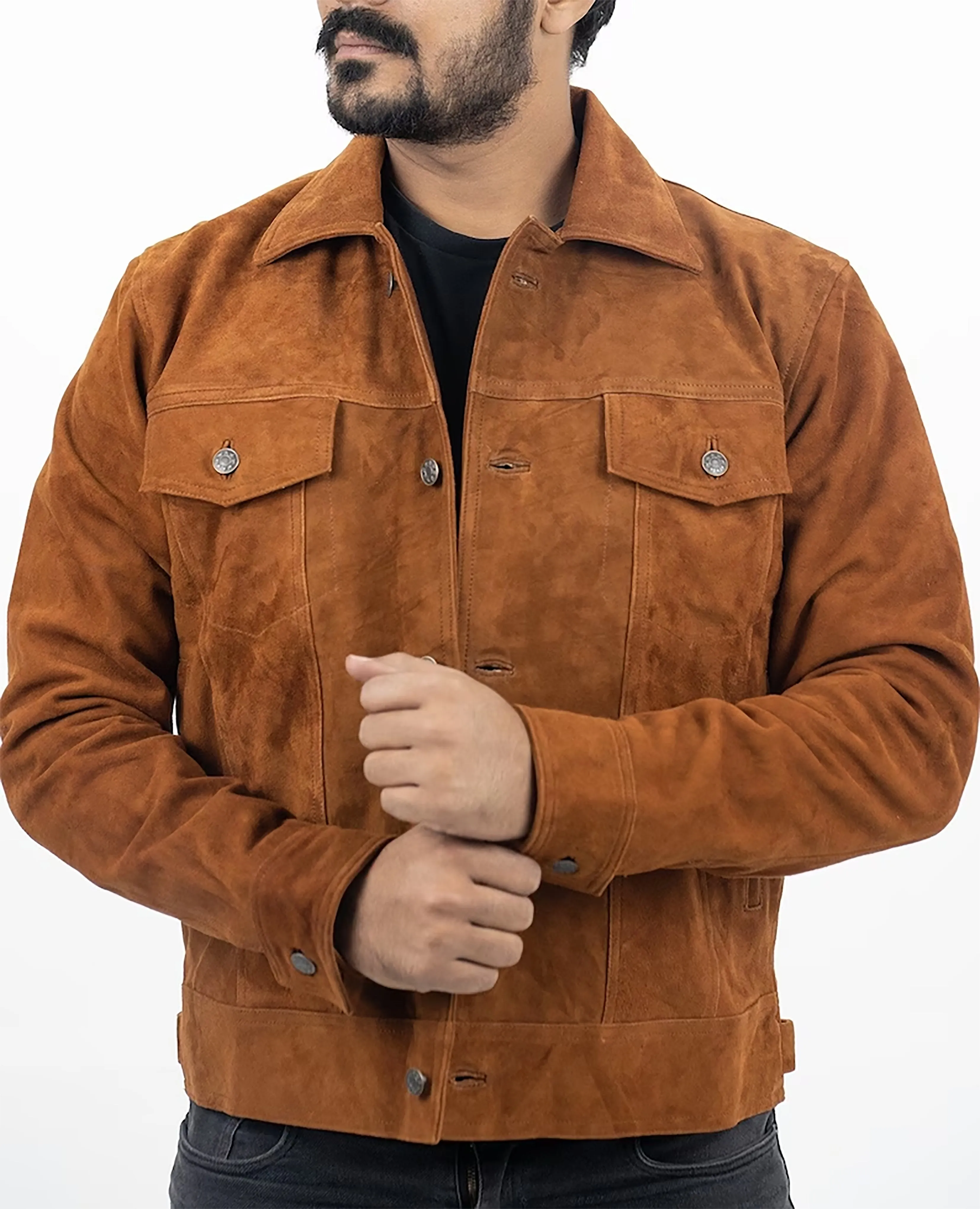 Men's Real Tan Brown Suede leather Trucker Jacket Shirts Vintage Classic Biker Shirts Jackets