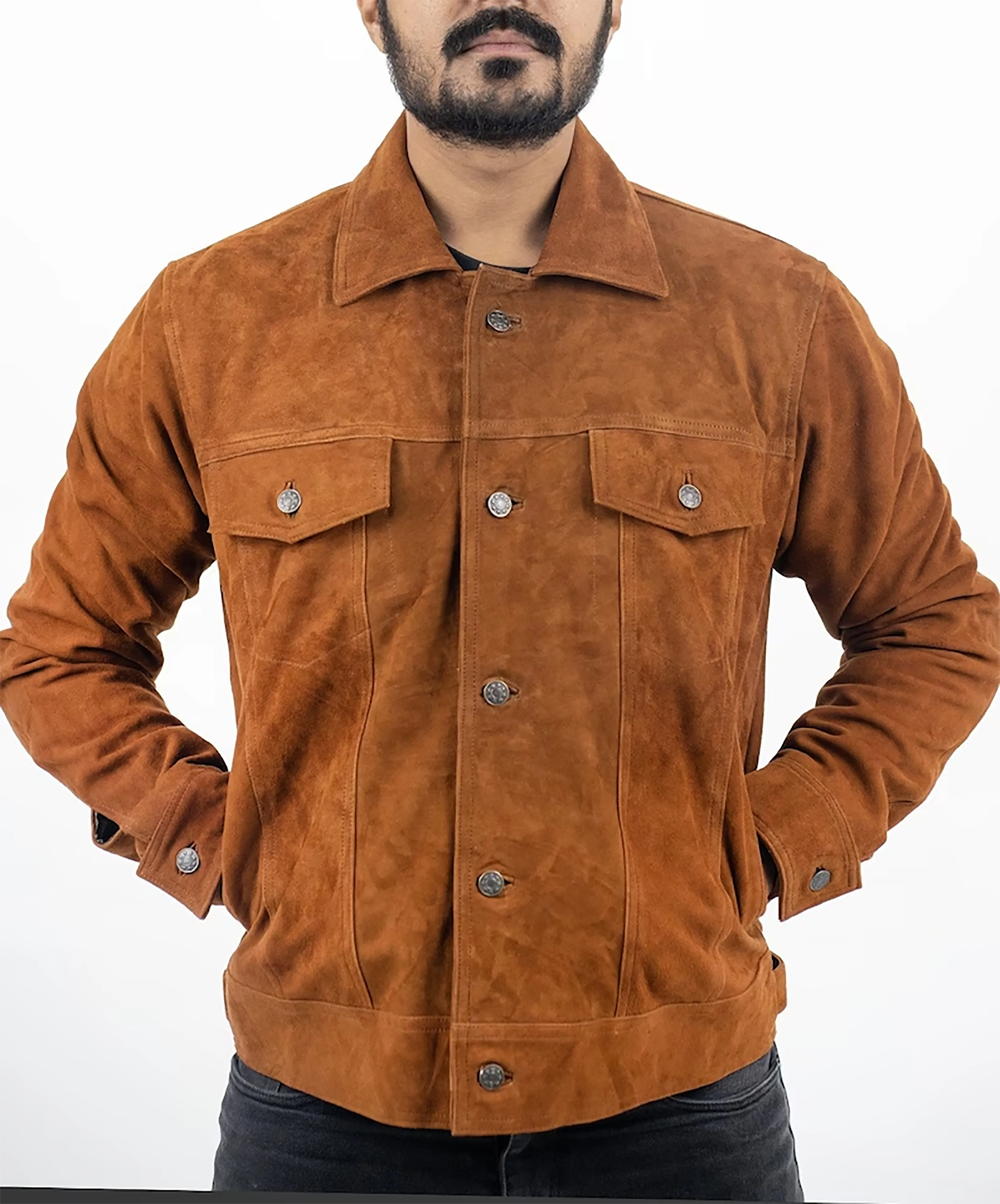 Men's Real Tan Brown Suede leather Trucker Jacket Shirts Vintage Classic Biker Shirts Jackets