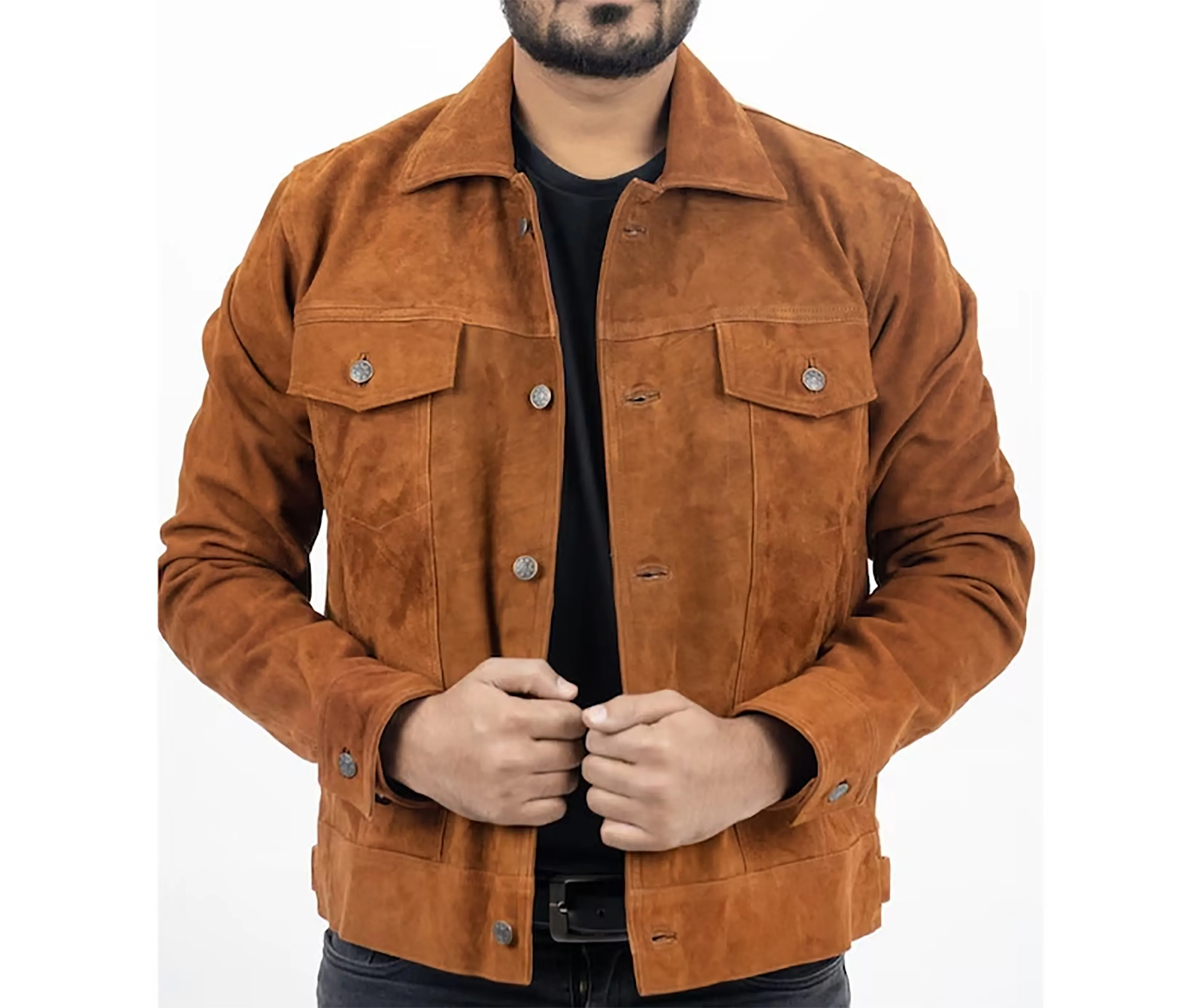 Men's Real Tan Brown Suede leather Trucker Jacket Shirts Vintage Classic Biker Shirts Jackets