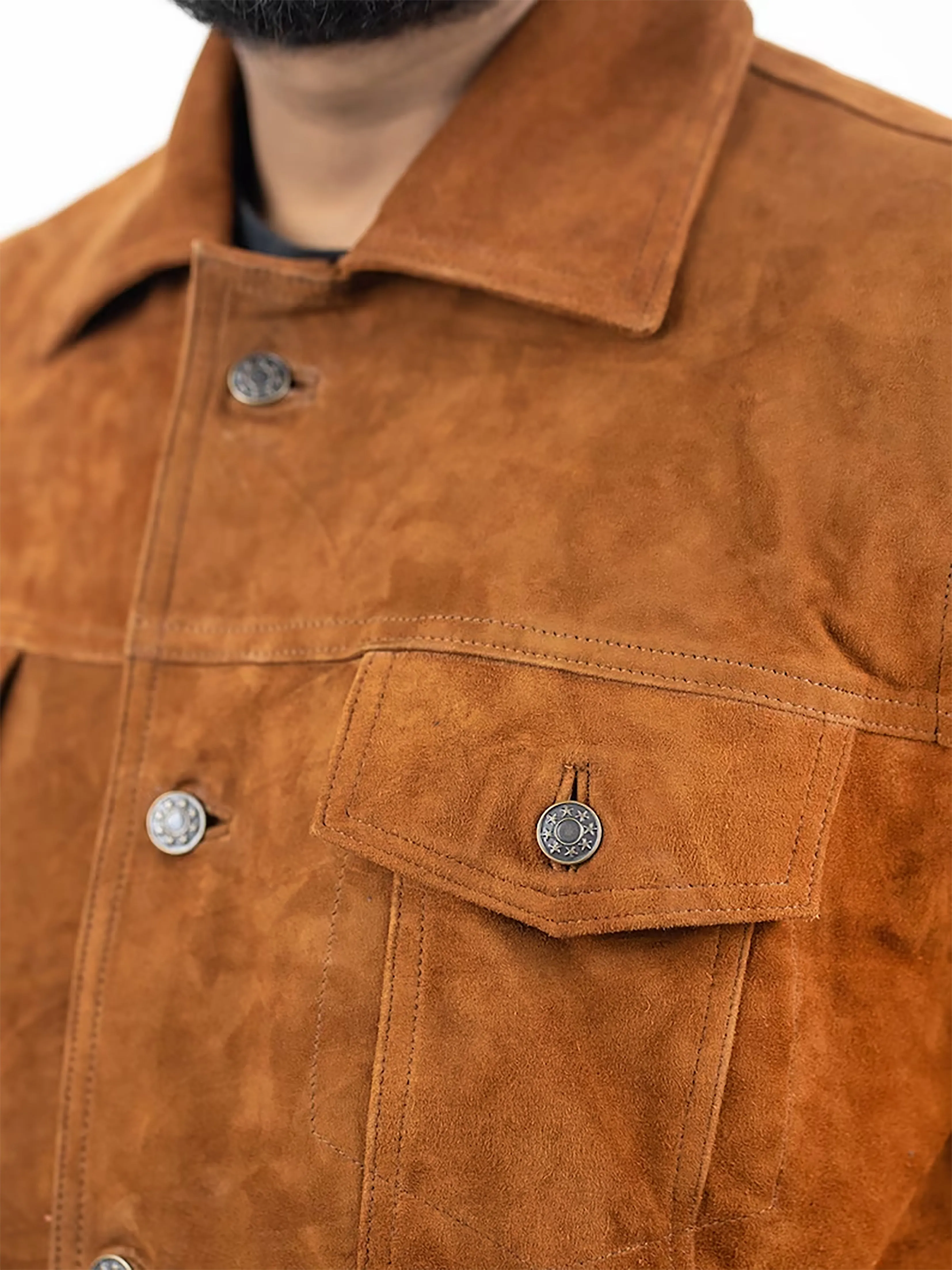 Men's Real Tan Brown Suede leather Trucker Jacket Shirts Vintage Classic Biker Shirts Jackets