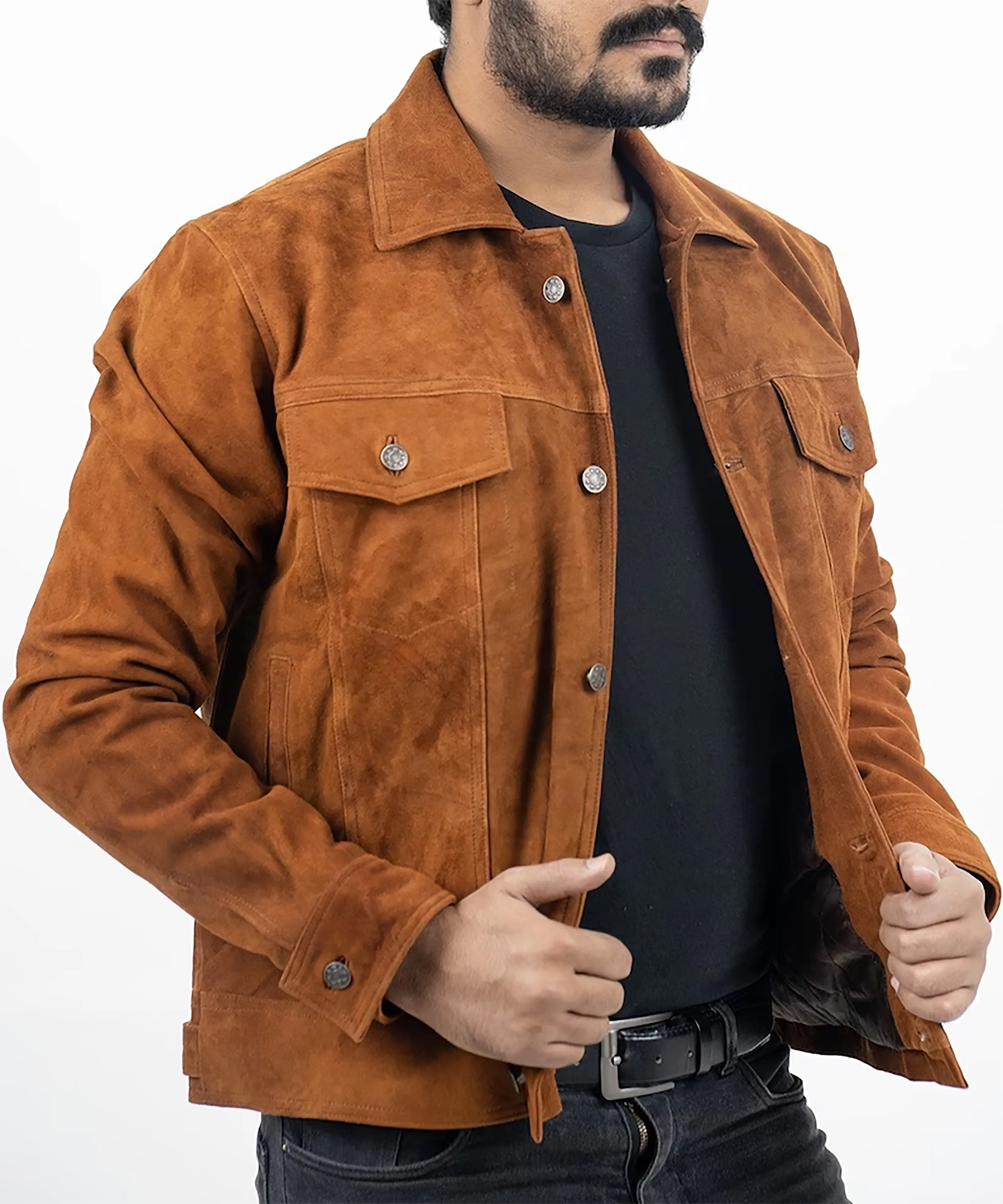 Men's Real Tan Brown Suede leather Trucker Jacket Shirts Vintage Classic Biker Shirts Jackets