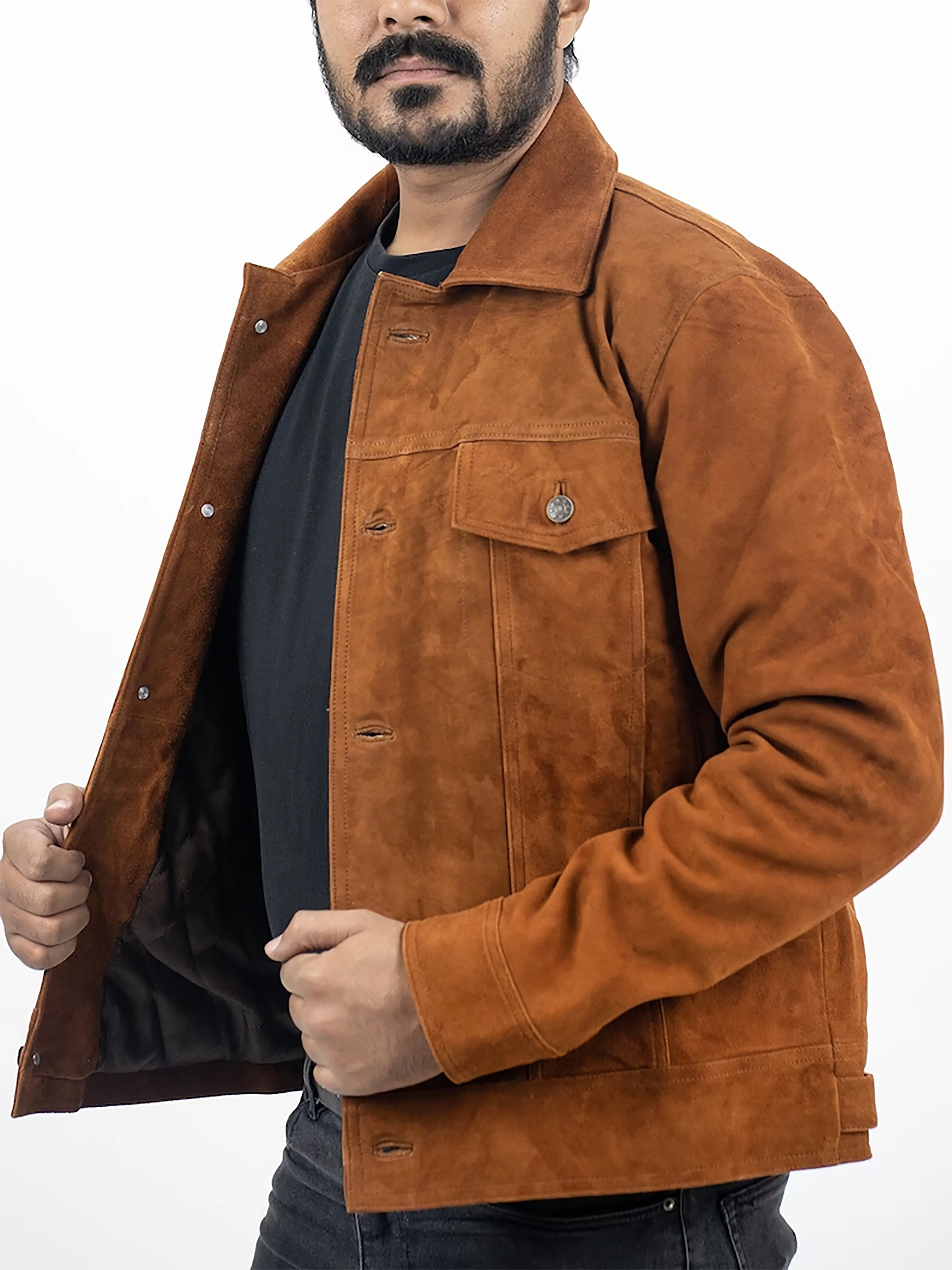 Men's Real Tan Brown Suede leather Trucker Jacket Shirts Vintage Classic Biker Shirts Jackets