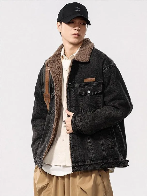 Men's Windproof Denim Jacket with Label Detailing and Button Front