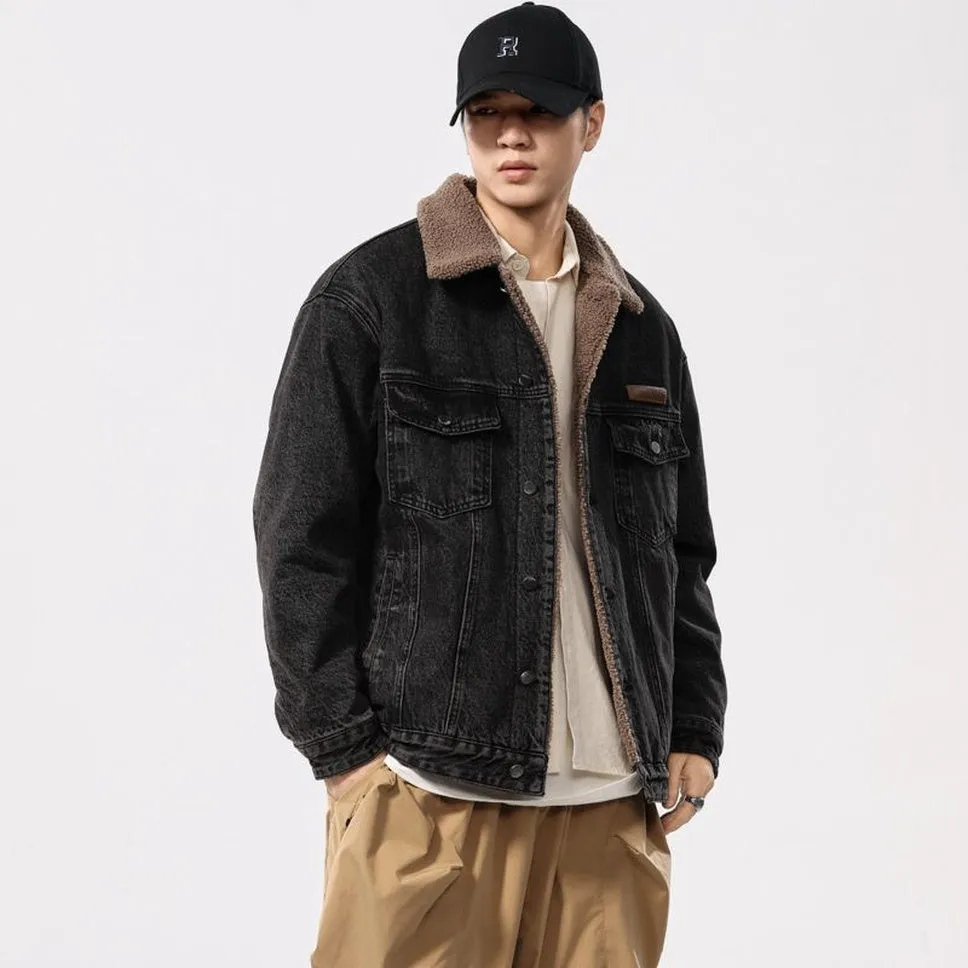 Men's Windproof Denim Jacket with Label Detailing and Button Front