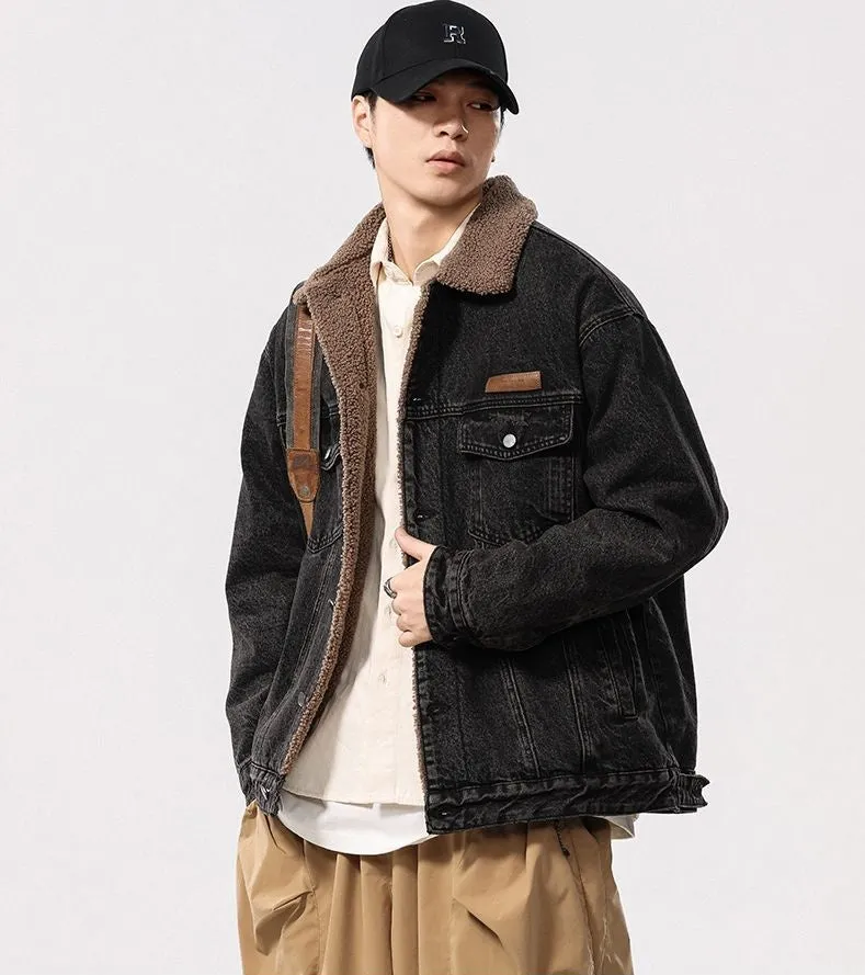 Men's Windproof Denim Jacket with Label Detailing and Button Front