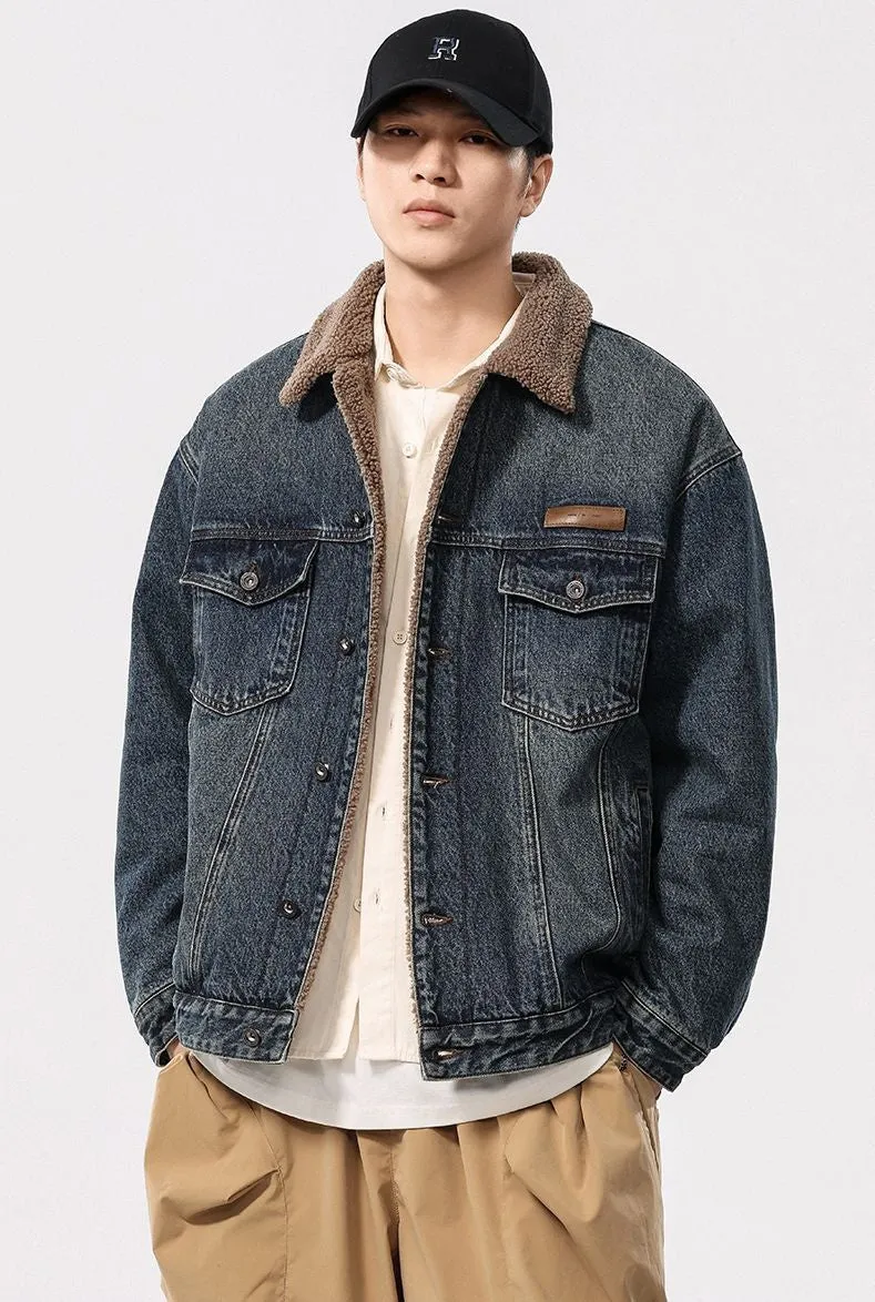 Men's Windproof Denim Jacket with Label Detailing and Button Front