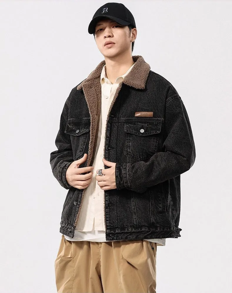 Men's Windproof Denim Jacket with Label Detailing and Button Front