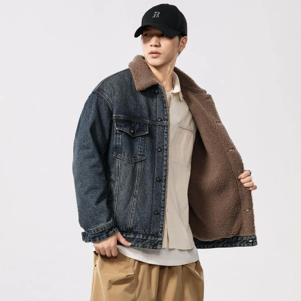 Men's Windproof Denim Jacket with Label Detailing and Button Front
