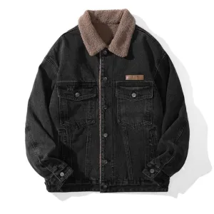 Men's Windproof Denim Jacket with Label Detailing and Button Front