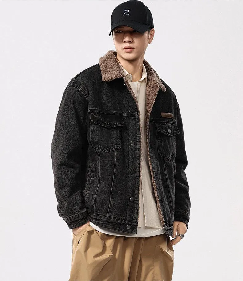 Men's Windproof Denim Jacket with Label Detailing and Button Front
