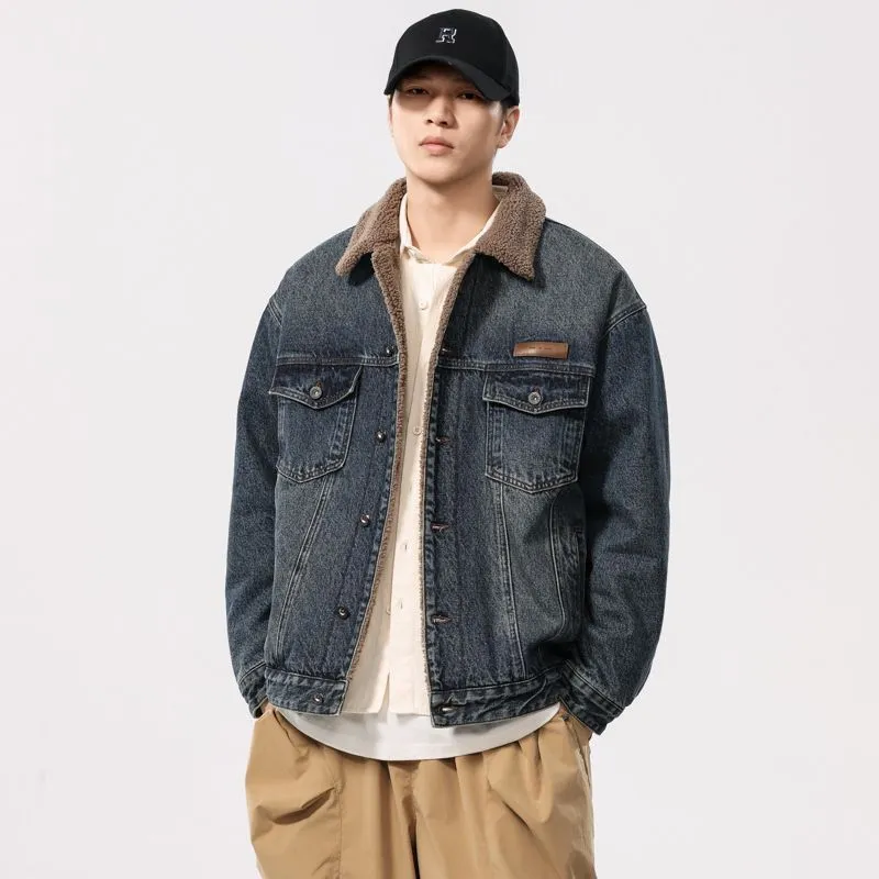 Men's Windproof Denim Jacket with Label Detailing and Button Front