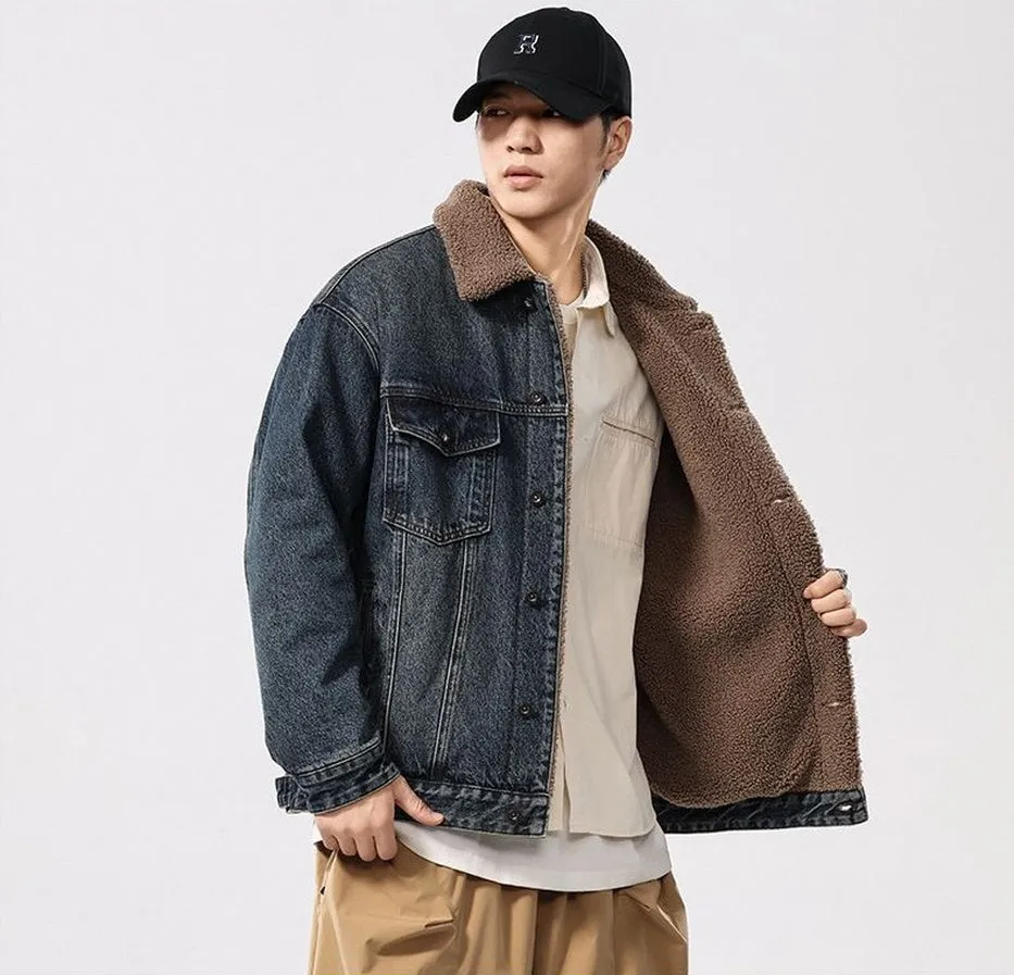 Men's Windproof Denim Jacket with Label Detailing and Button Front