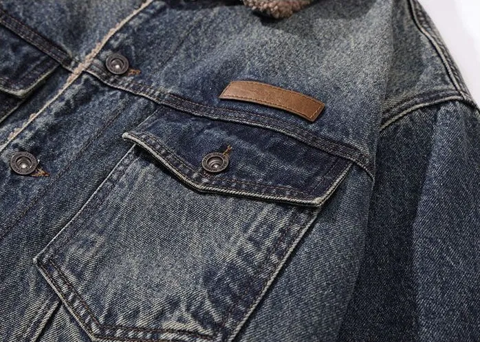 Men's Windproof Denim Jacket with Label Detailing and Button Front