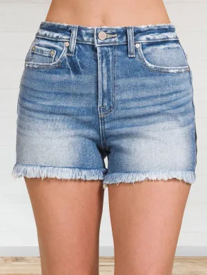 Mid Rise Raw Frayed Hem Denim Shorts