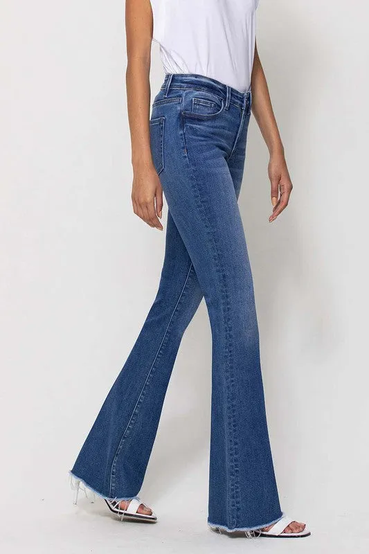 Mid-Rise Raw Hem Flare Jeans by Vervet