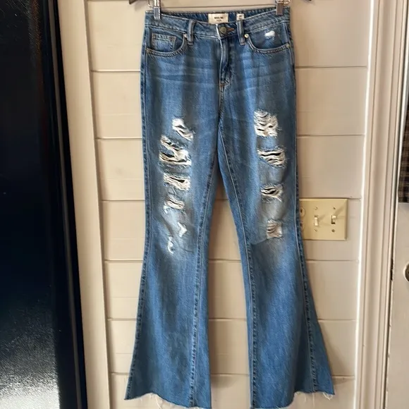Miss Me High Rise Flare Leg Raw Hem Denim Jeans Size 24.