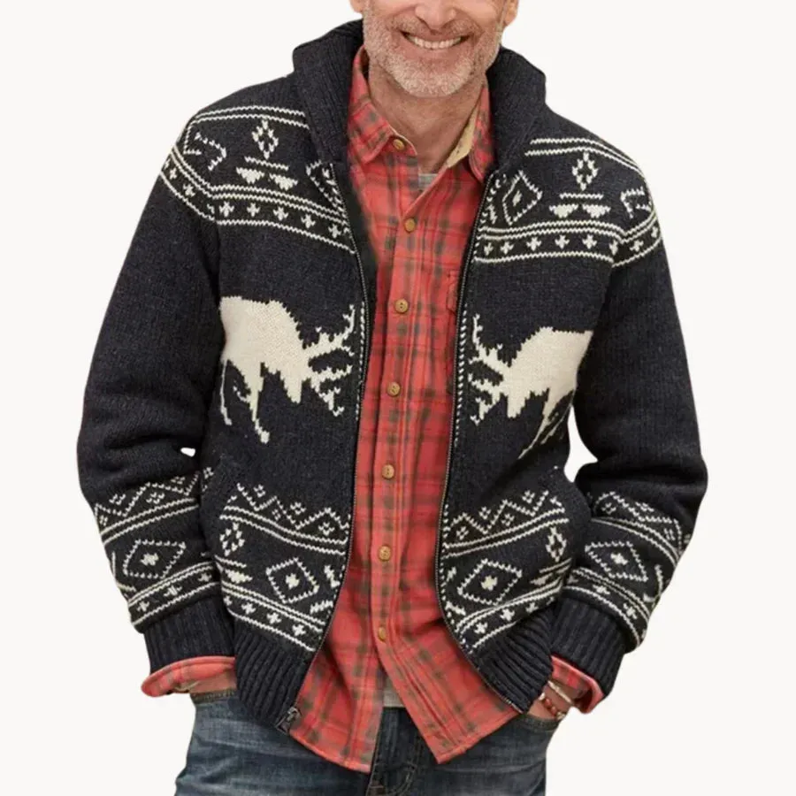 Mountridge - cosy patchwork design with reindeer motif men's pullover jacket