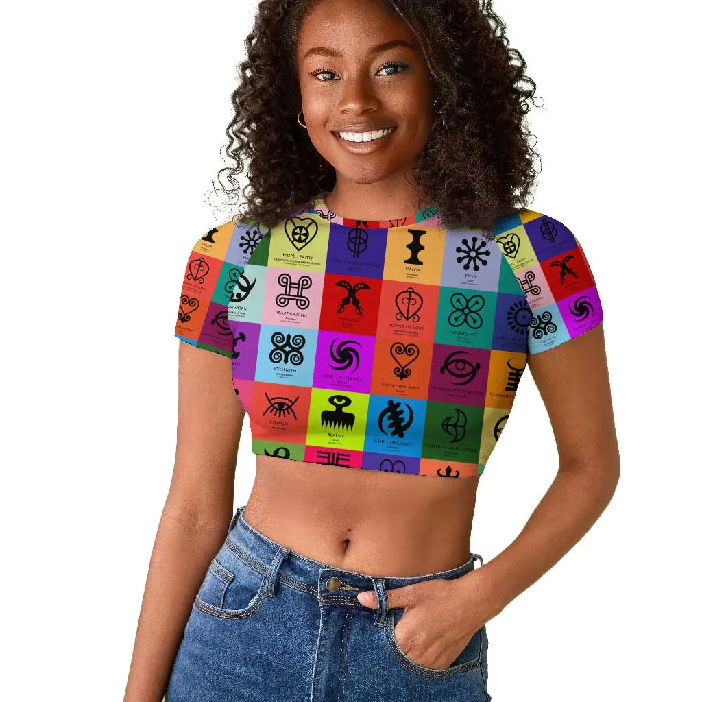 Multi Color Adinkra Symbols Raglan Cropped T shirt African Adrinkra DT02