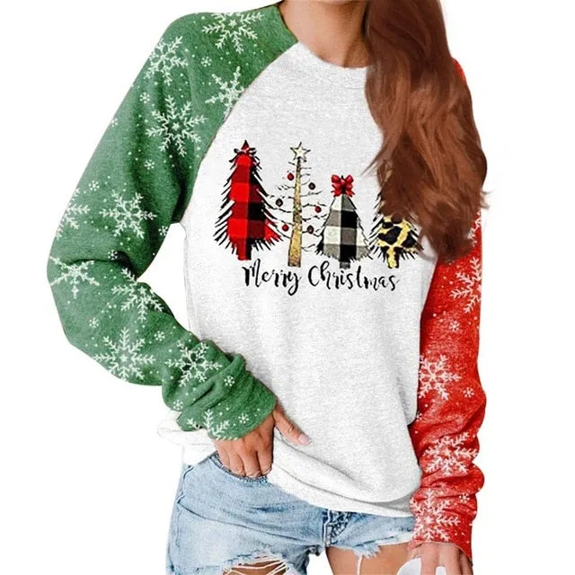 Muyogrt Womens Christmas Printed Hoodies Patchwork Sweatshirt Xmas Ladies Tops Jumper Snowman Pullover Femme Christmas Gift