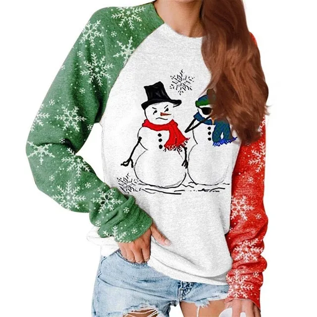 Muyogrt Womens Christmas Printed Hoodies Patchwork Sweatshirt Xmas Ladies Tops Jumper Snowman Pullover Femme Christmas Gift