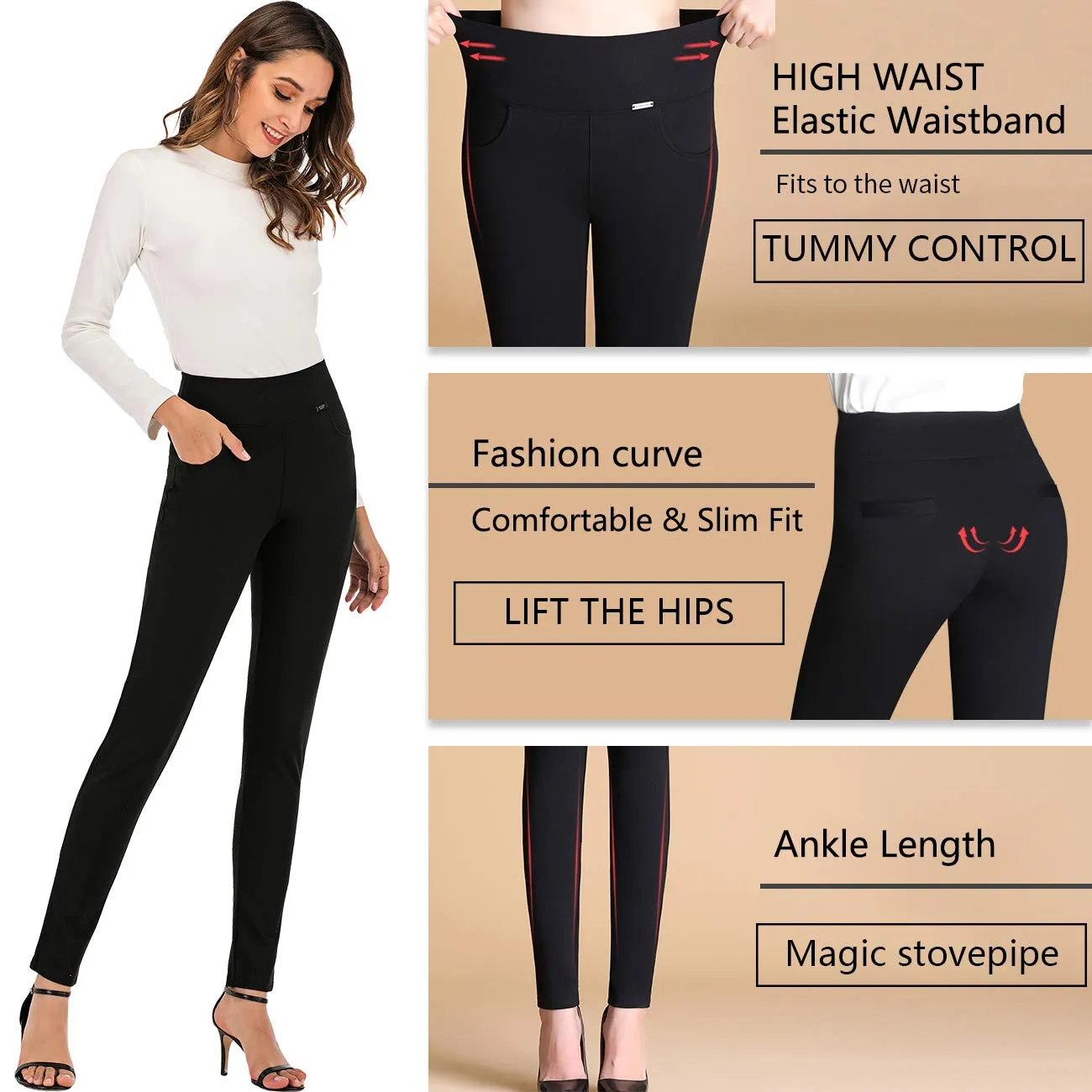 neezeelee Dress Pants for Women Comfort Stretch Slim Fit Leg Skinny High Waist Pull on Pants with Pockets for Work