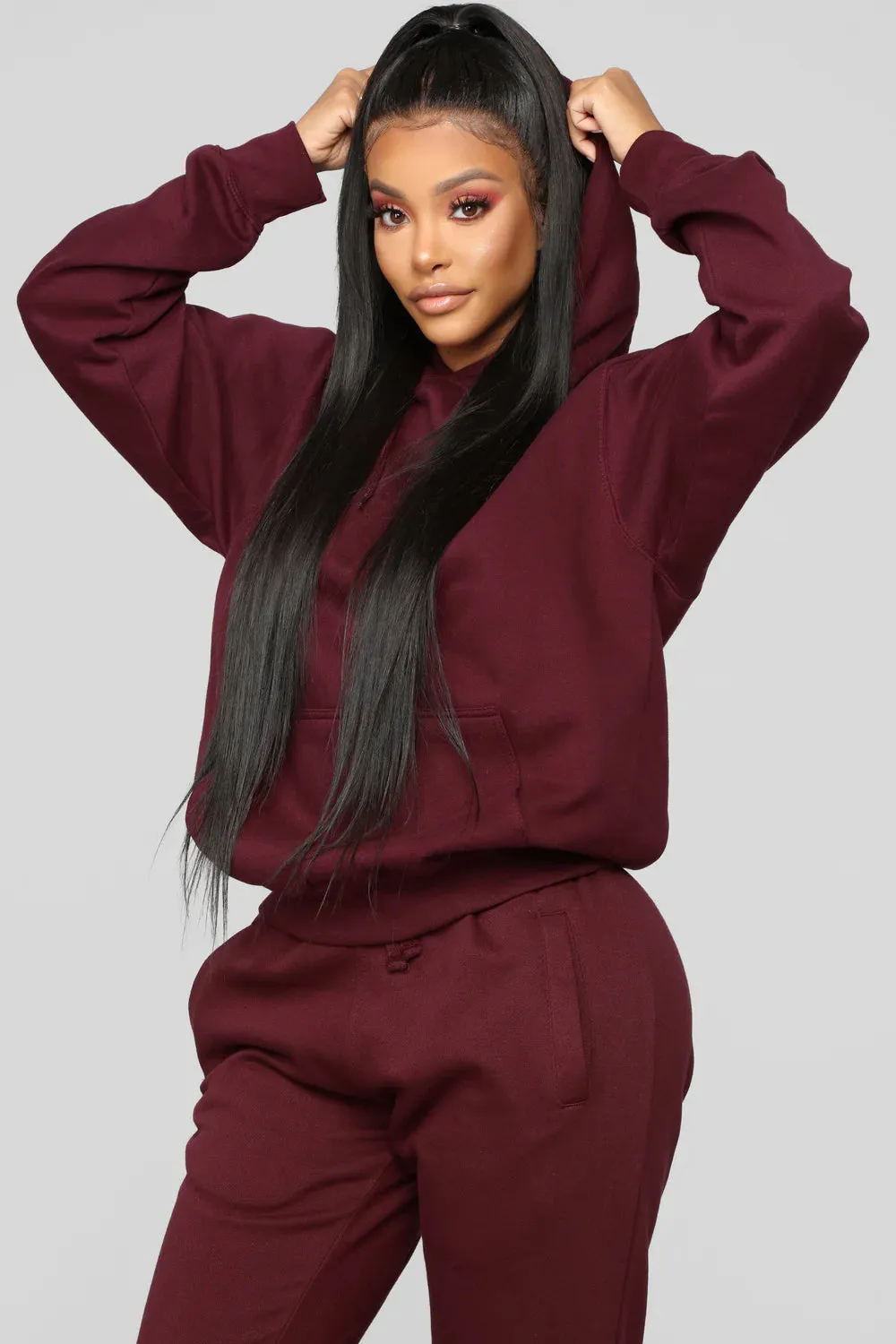 NEW Casual Solid Two-piece Set, Kangaroo Pocket Hoodie & Drawstring Pants Outfits, Women's Clothing, Burgundy Sz XXL, Fits like an XL