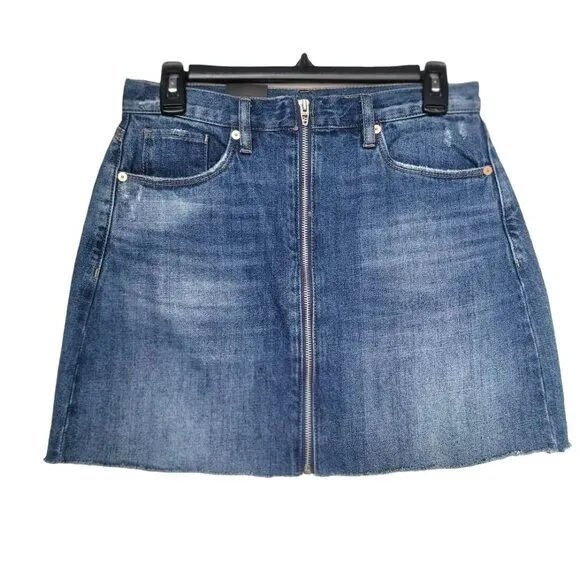 😎New Sz 27 Women's Denim Mini Skirt BLANKNYC Zip Front Raw Hem Blue western Y2K