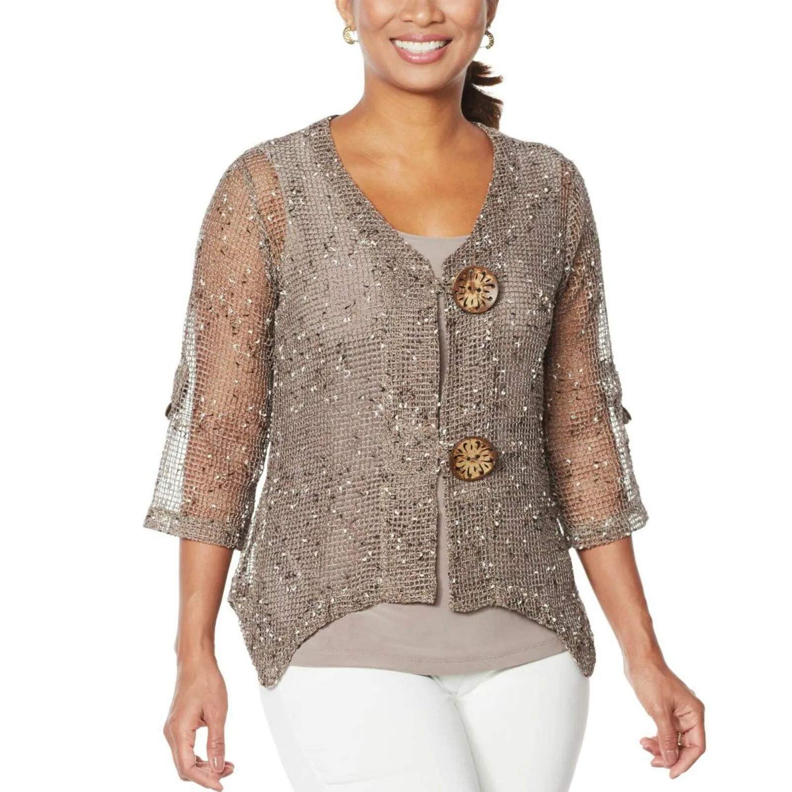 Nina Leonard Women's Coconut Button Bolero Sweater With Tank Top