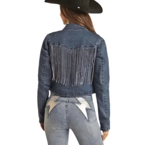 Nine West Fringe Jean Blue Denim Trucker Jacket Cropped Bling Sparkle XXL