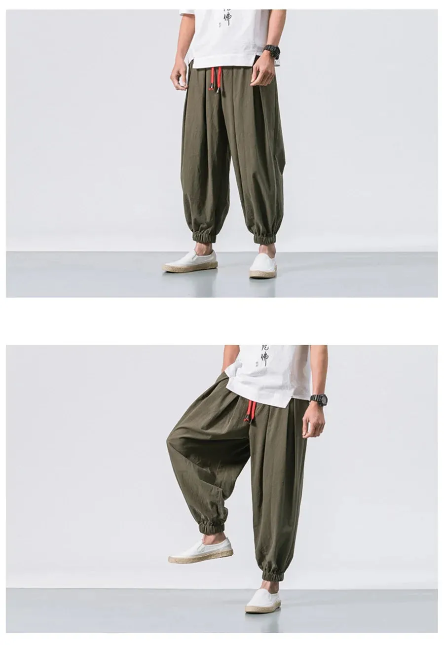 Obsidian Phoenix Luxury Oversized Men’s Harem Pants - High-Quality Loose Fit Chinese Linen Sweatpants for Autumn
