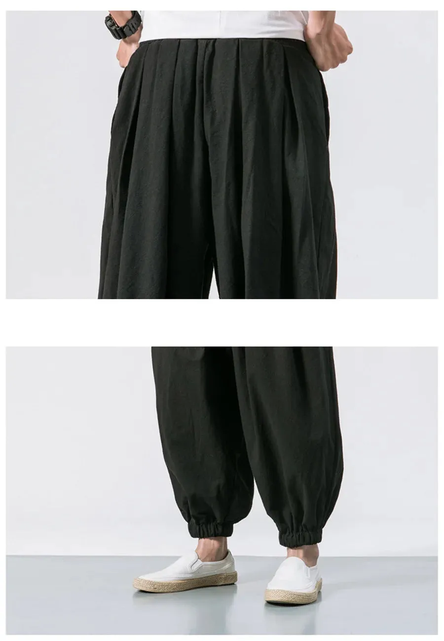 Obsidian Phoenix Luxury Oversized Men’s Harem Pants - High-Quality Loose Fit Chinese Linen Sweatpants for Autumn