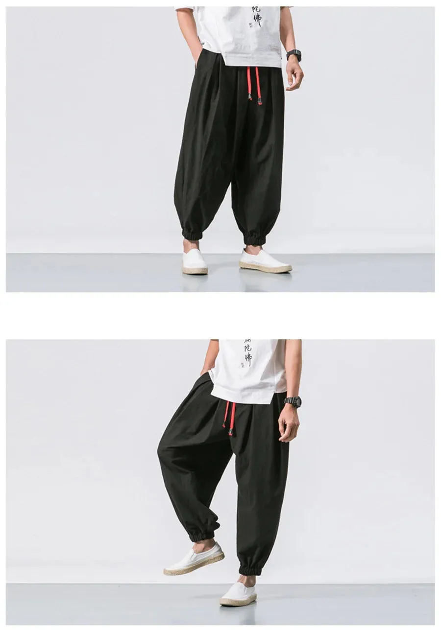 Obsidian Phoenix Luxury Oversized Men’s Harem Pants - High-Quality Loose Fit Chinese Linen Sweatpants for Autumn