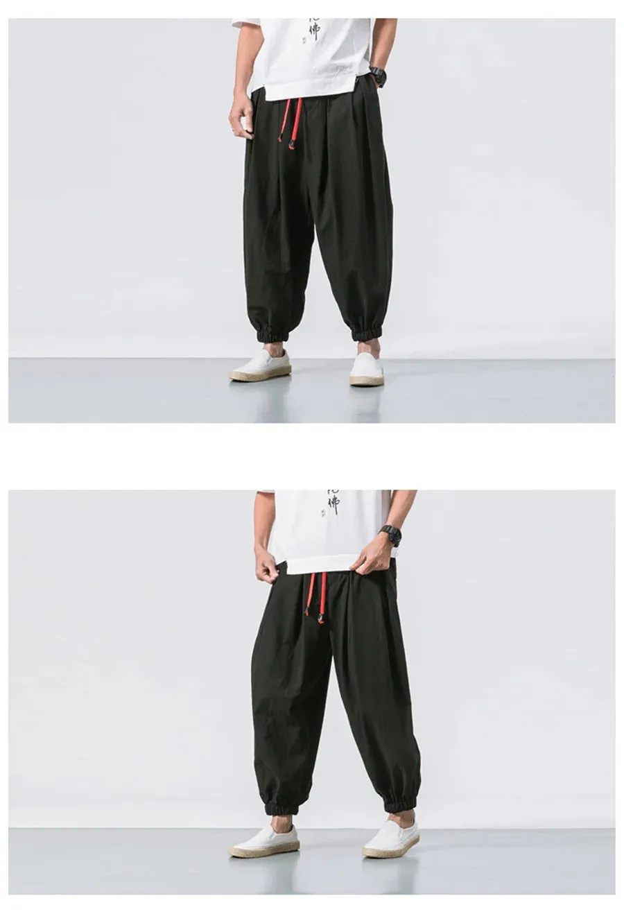 Obsidian Phoenix Luxury Oversized Men’s Harem Pants - High-Quality Loose Fit Chinese Linen Sweatpants for Autumn