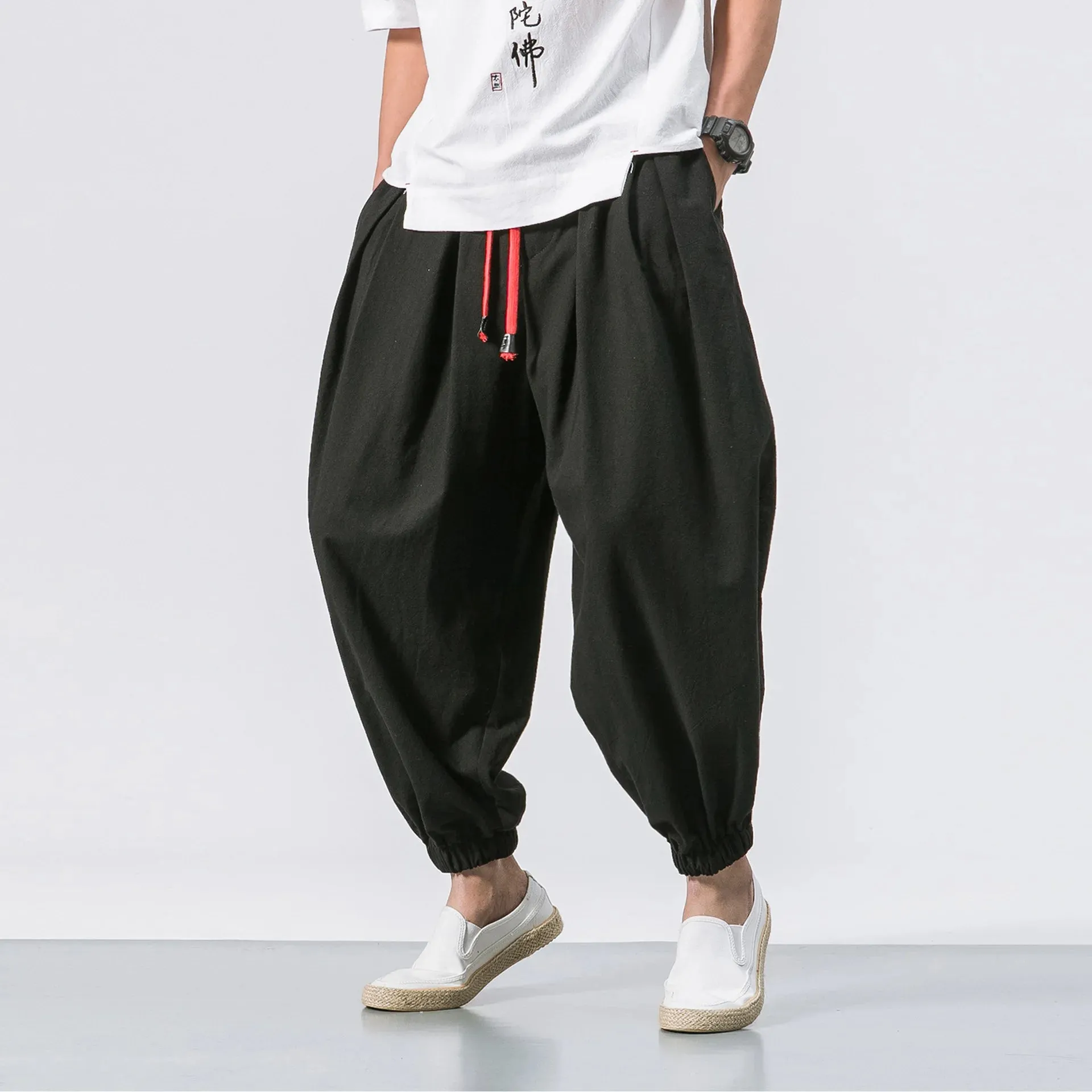 Obsidian Phoenix Luxury Oversized Men’s Harem Pants - High-Quality Loose Fit Chinese Linen Sweatpants for Autumn