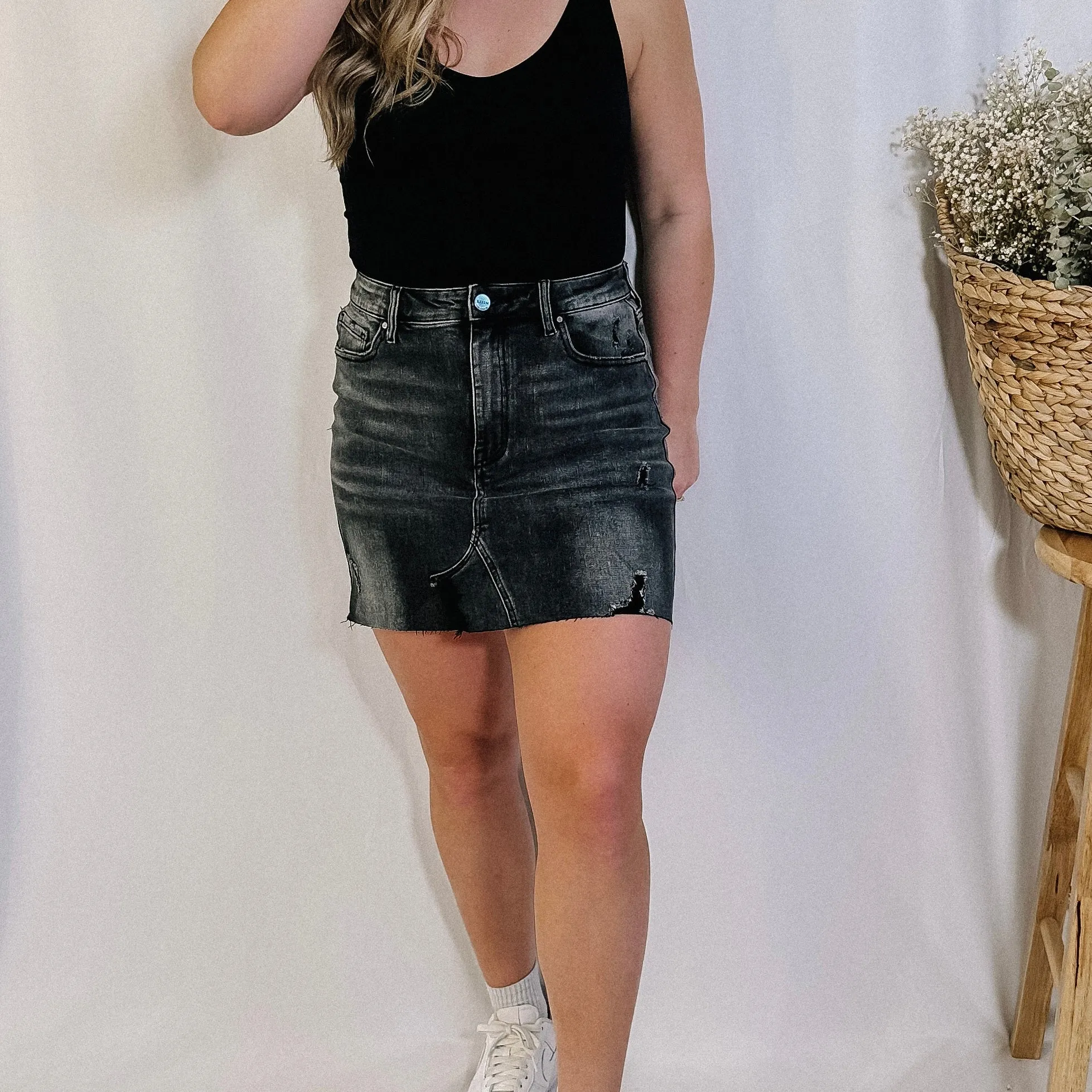 On Edge Black Denim Mini Skirt