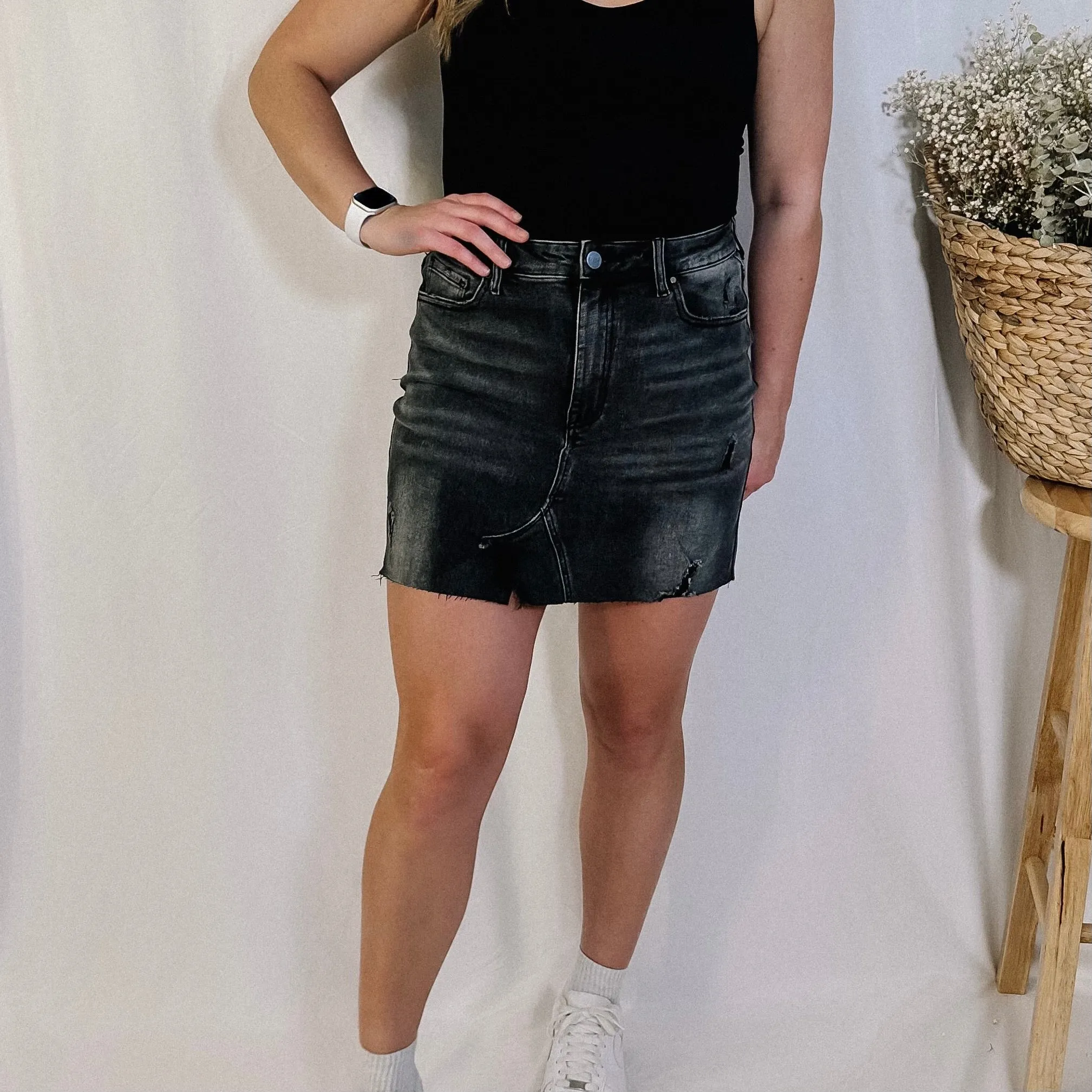 On Edge Black Denim Mini Skirt