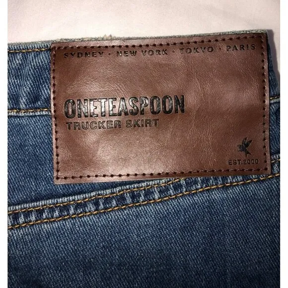 One Teaspoon Trucker Skirt Size 26 US 4 Blue Raw Hem Frayed Mini Distressed Boho