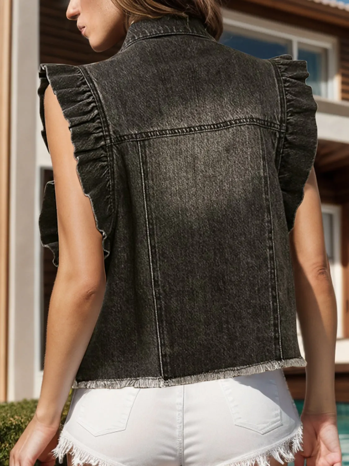 Onyx Raw Hem Ruffled Cap Sleeve Denim Jacket