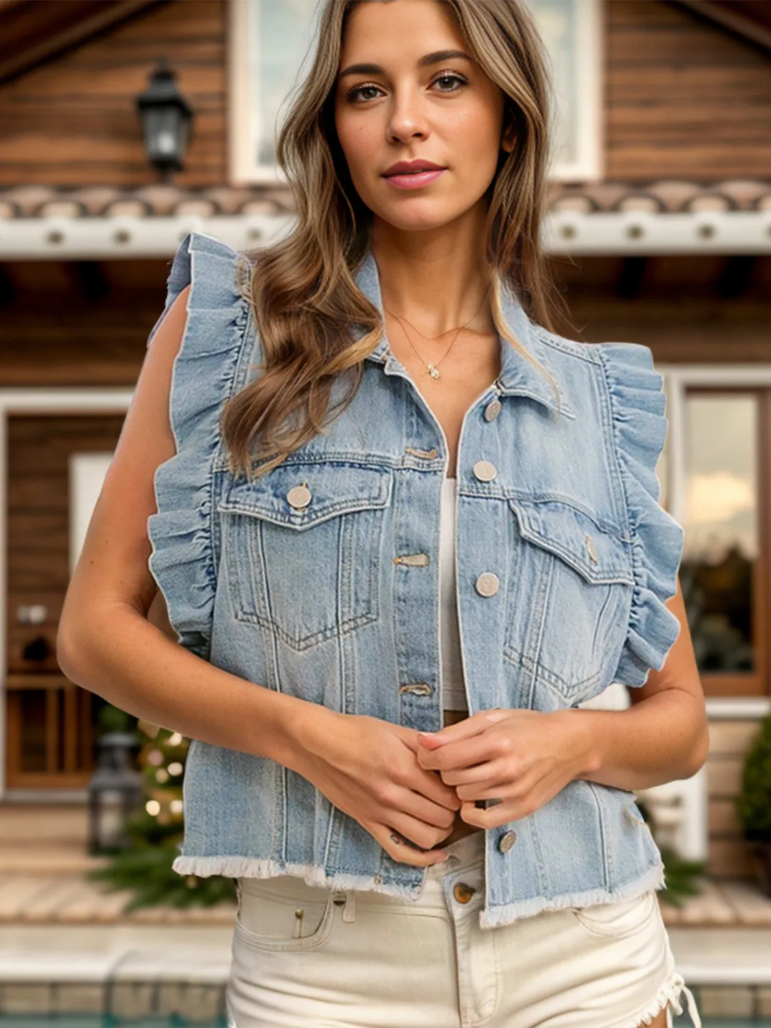 Onyx Raw Hem Ruffled Cap Sleeve Denim Jacket