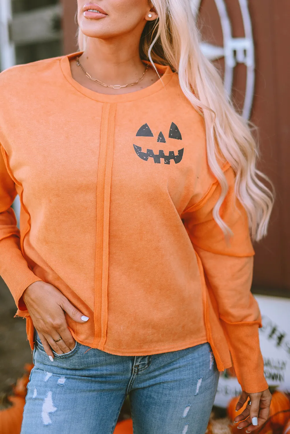 Orange Halloween Pumpkin Face Exposed Seam Patchwork Sweatshirt