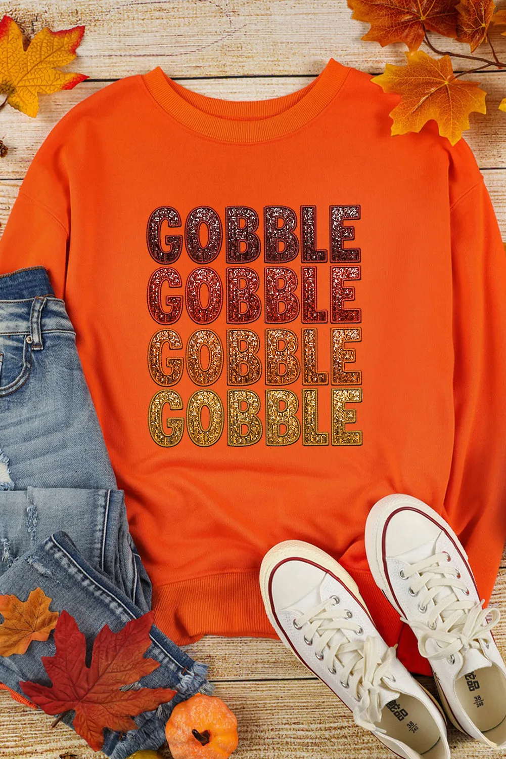 Orange Thanksgiving GOBBLE Print Round Neck Pullover Sweatshirt
