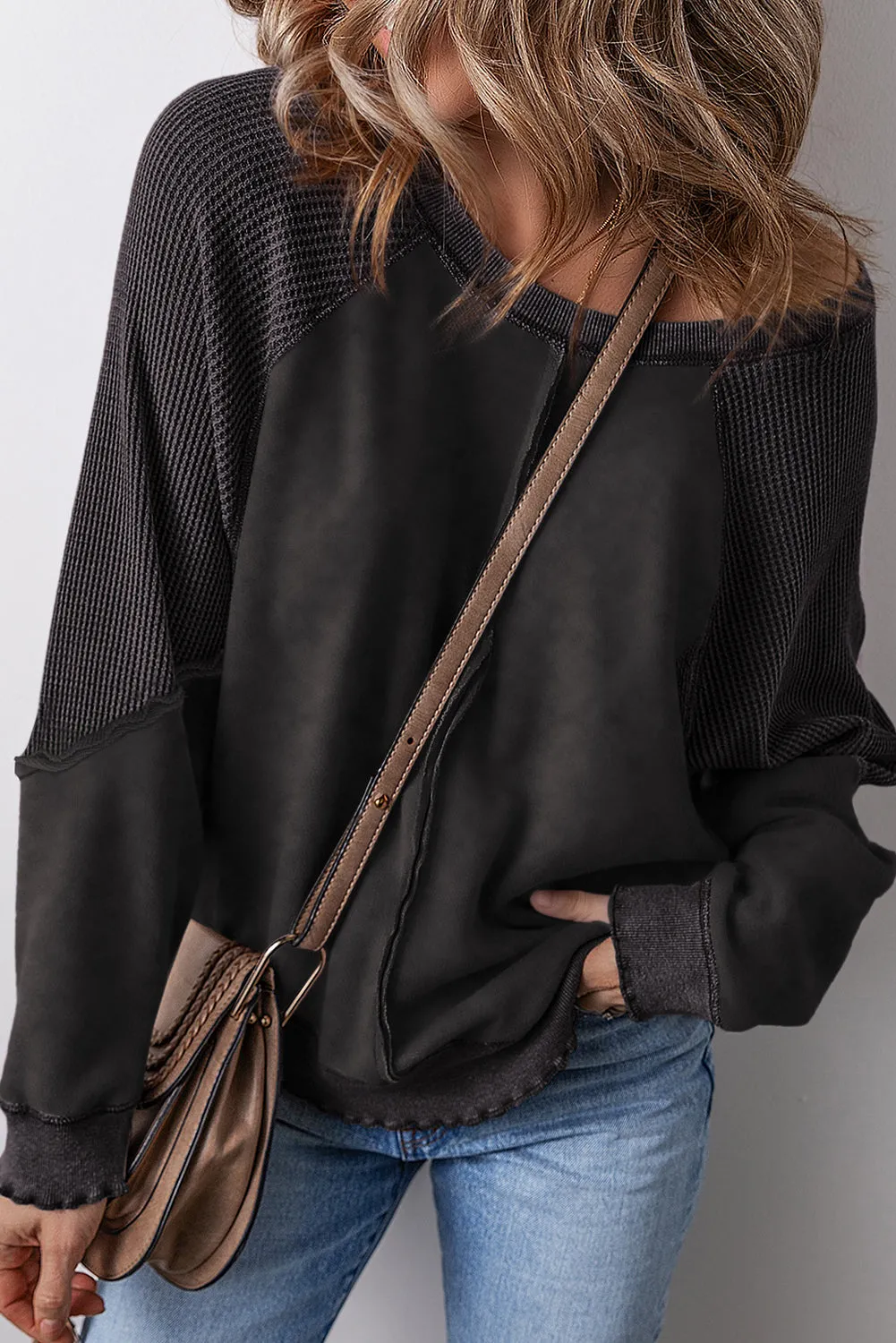 Orchid Petal Textured Patchwork Frilled Trim Plus Size Pullover Sweatshirt