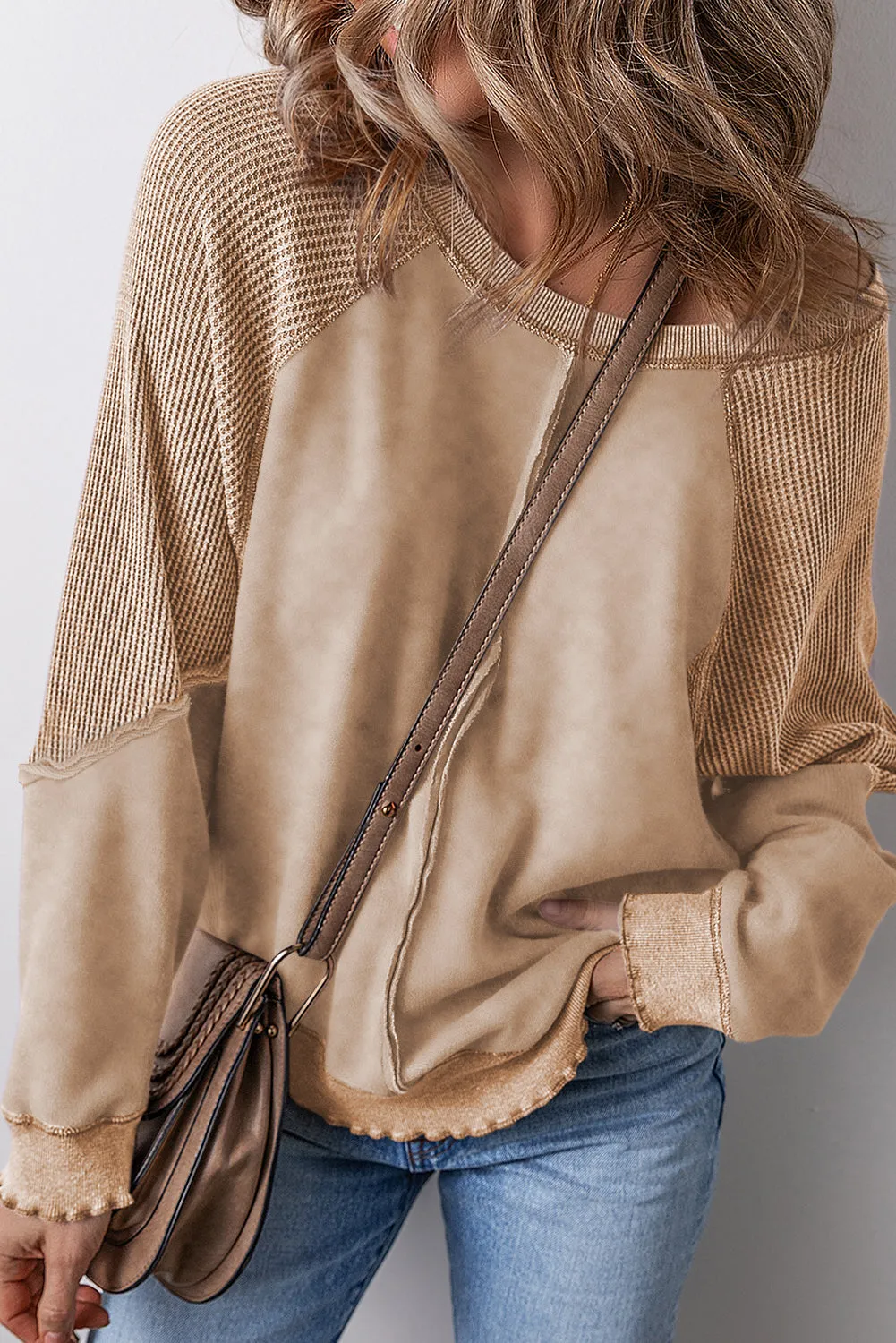 Orchid Petal Textured Patchwork Frilled Trim Plus Size Pullover Sweatshirt