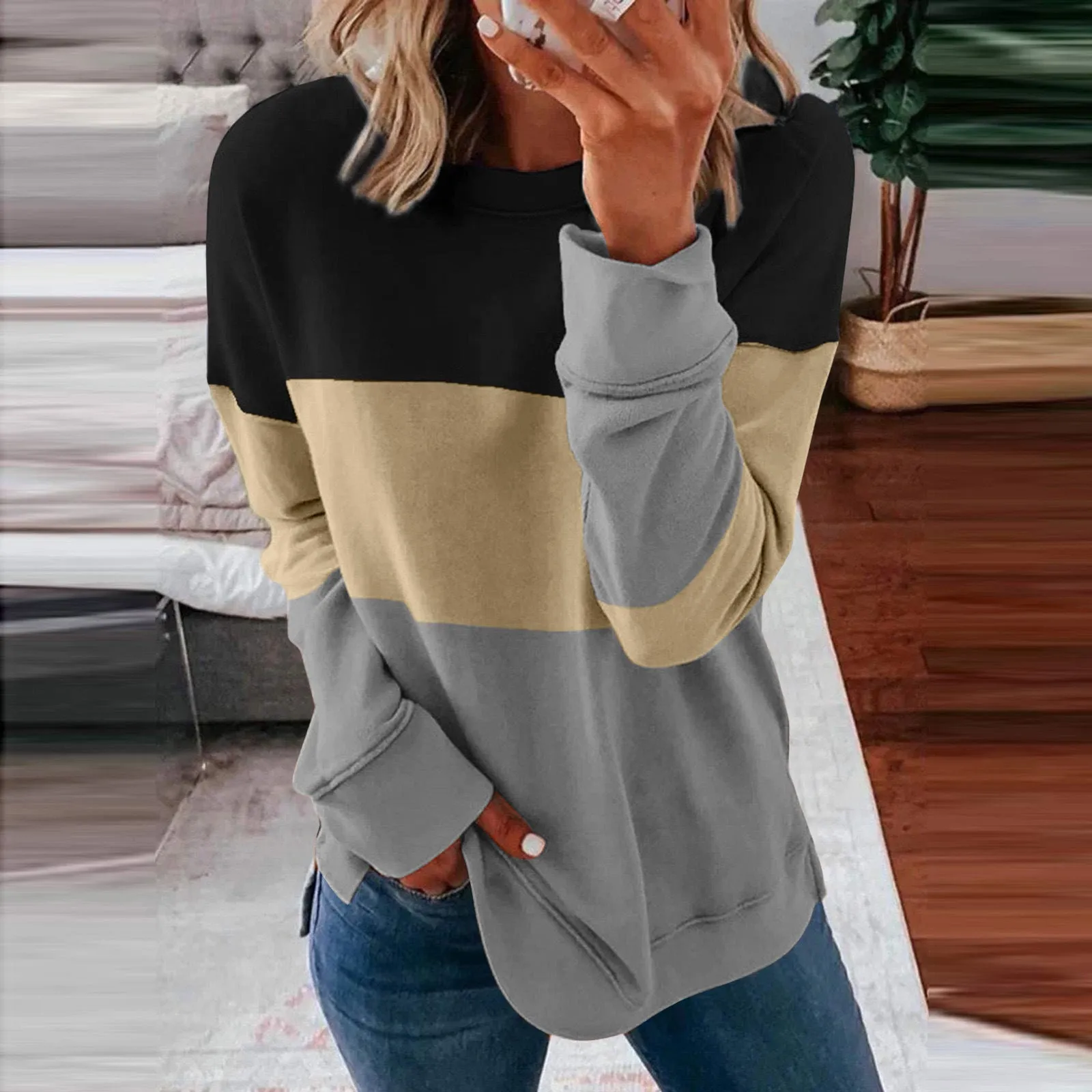Patchwork Clash Top Drop Shoulder Long Sleeve Casual Pullover Sweatshirt Wholesale Womens Tops N3824091200004