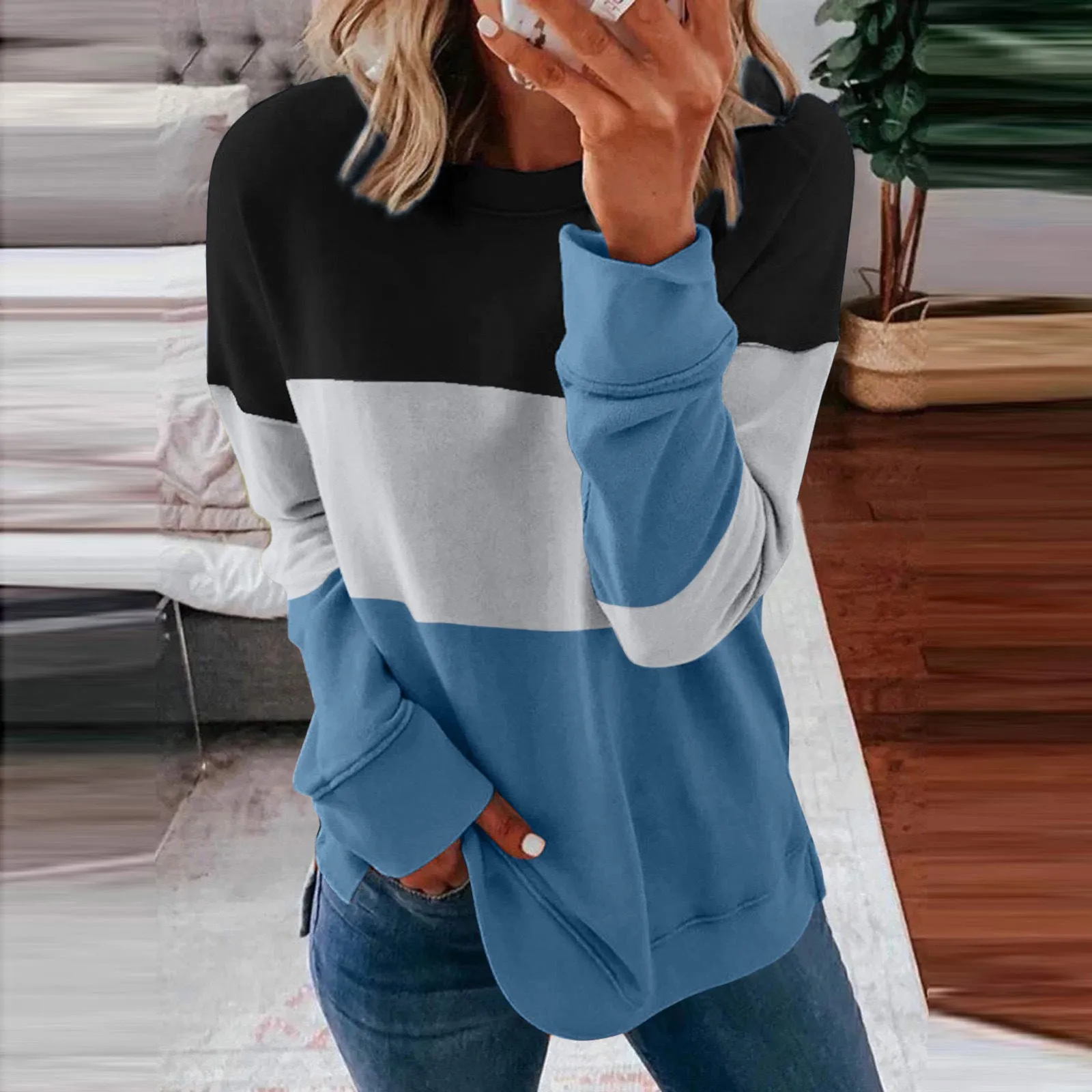 Patchwork Clash Top Drop Shoulder Long Sleeve Casual Pullover Sweatshirt Wholesale Womens Tops N3824091200004