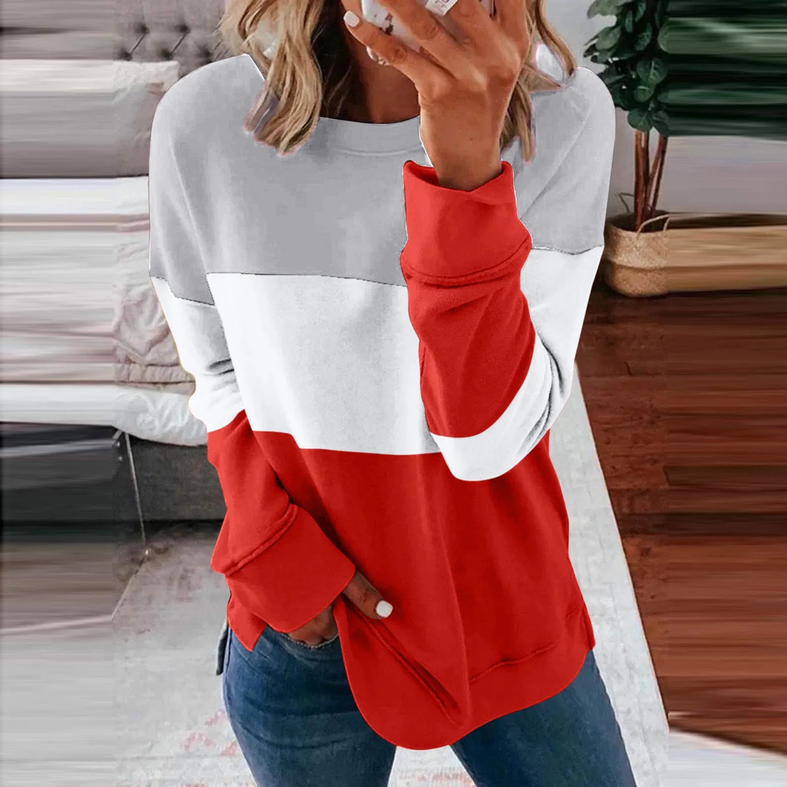 Patchwork Clash Top Drop Shoulder Long Sleeve Casual Pullover Sweatshirt Wholesale Womens Tops N3824091200004