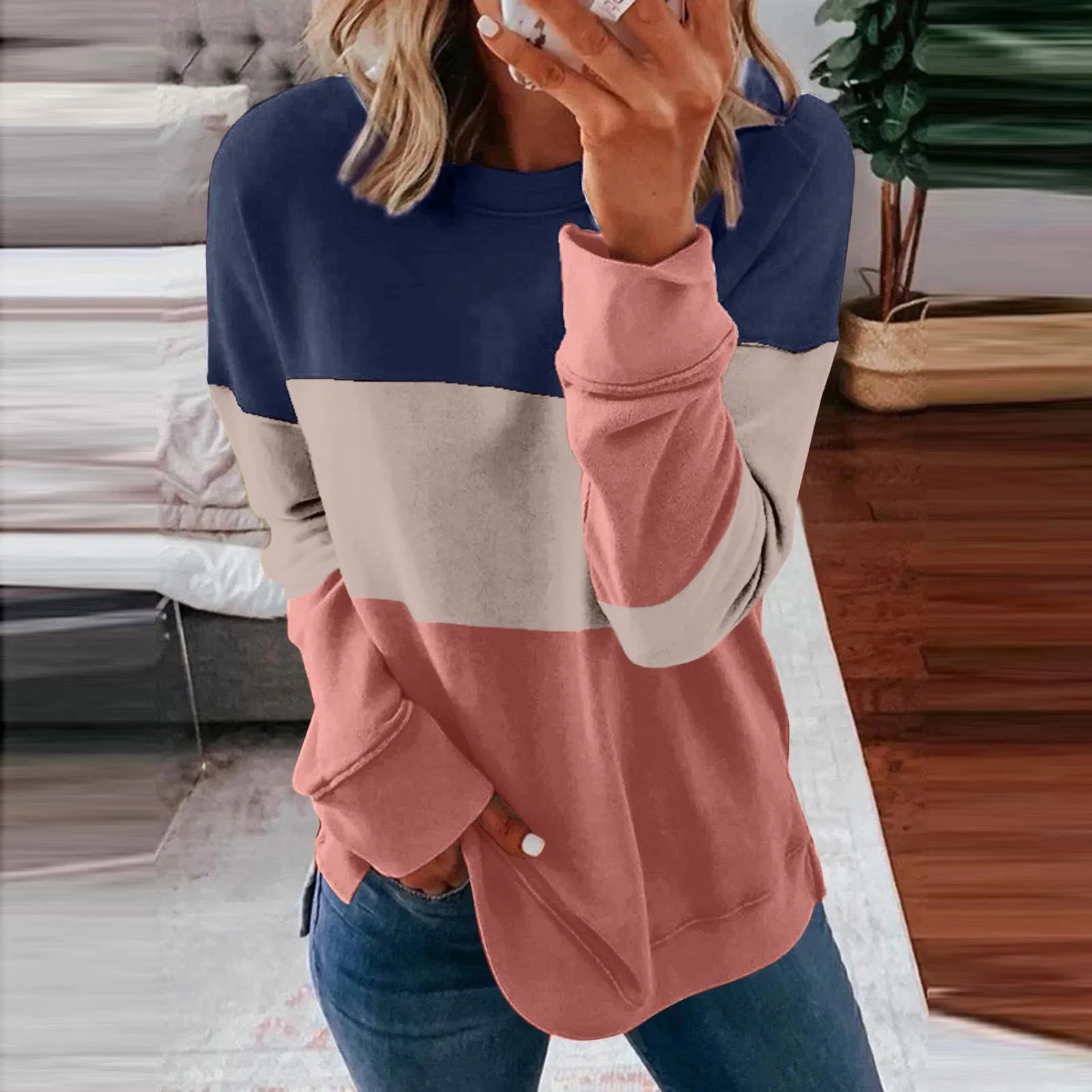 Patchwork Clash Top Drop Shoulder Long Sleeve Casual Pullover Sweatshirt Wholesale Womens Tops N3824091200004