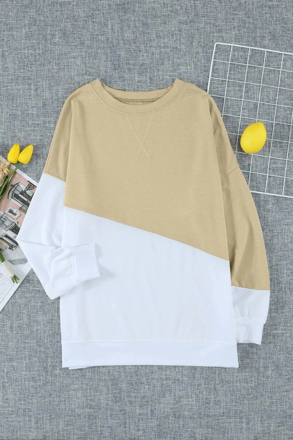 Patchwork Dropped Shoulder Sweatshirt Apricot