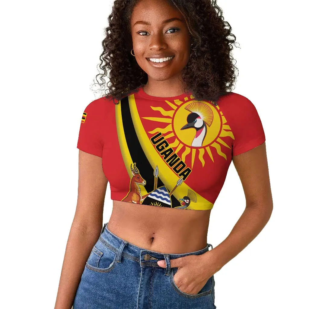 Personalised Afro Uganda Raglan Cropped T shirt Black Crowned Crane With Coat Of Arms LT15